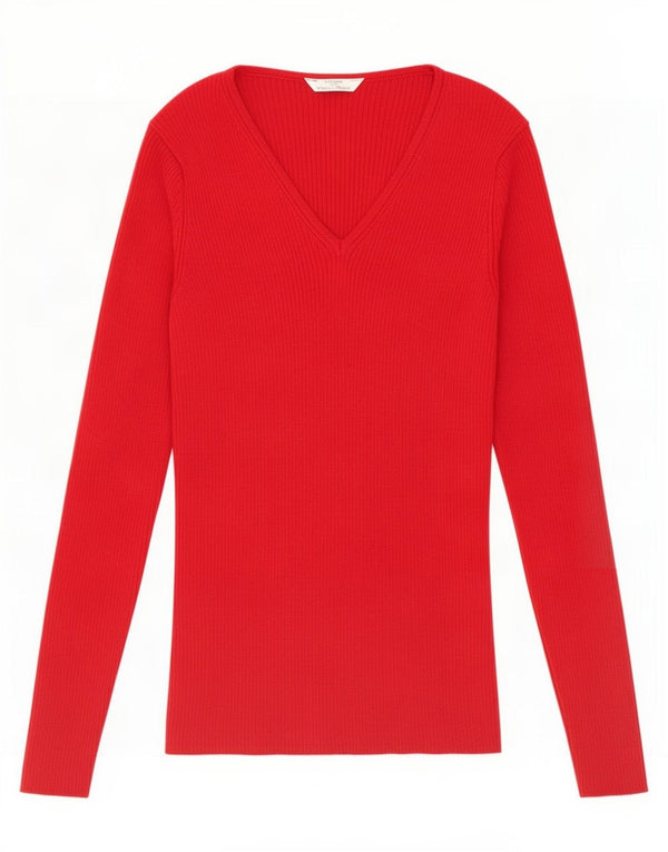 Marks & Spencer Damen-Pullover mit V-Ausschnitt, UK 8, Größe S, rote Schurwolle