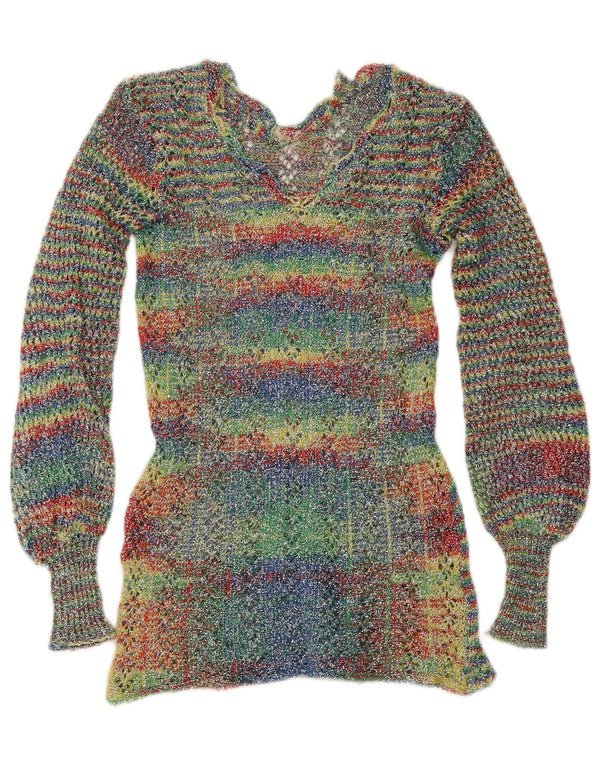 Vintage Damen V-Ausschnitt Pullover Pullover UK 4 XS Bunt gestreift