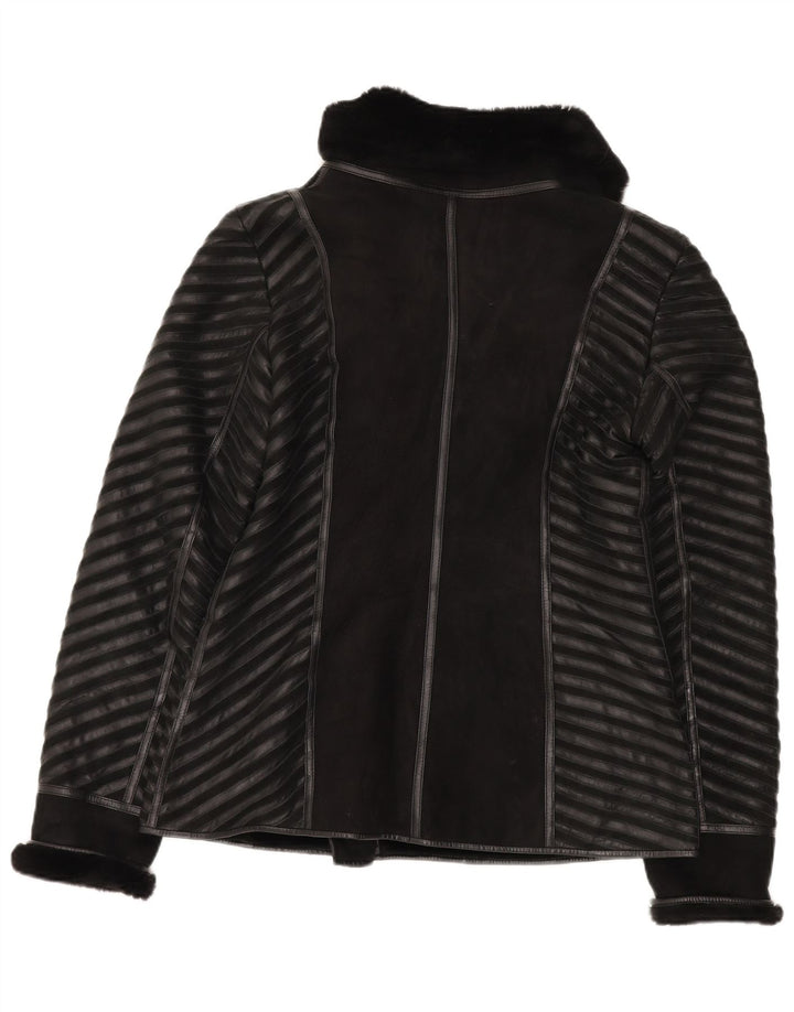 Vintage Damen Shearling Jacke UK 18 XL Schwarz gestreift Leder