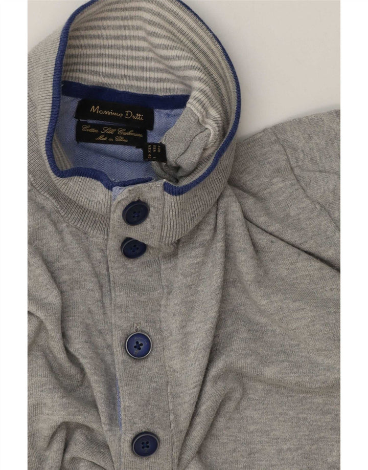Massimo Dutti Herren-Pullover mit Knopfkragen, groß, grau gesprenkelte Baumwolle