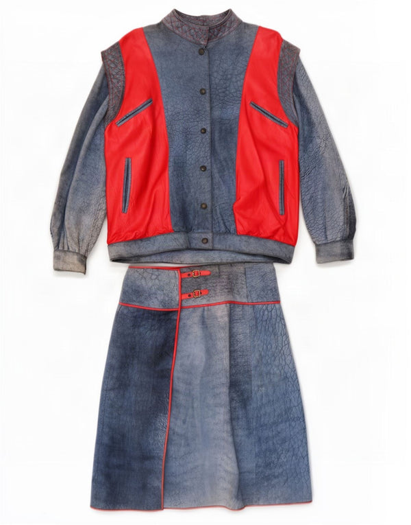 Vintage Damen Leder 2-teiliges Rockset UK 16 Large W30 Blauer Tierdruck