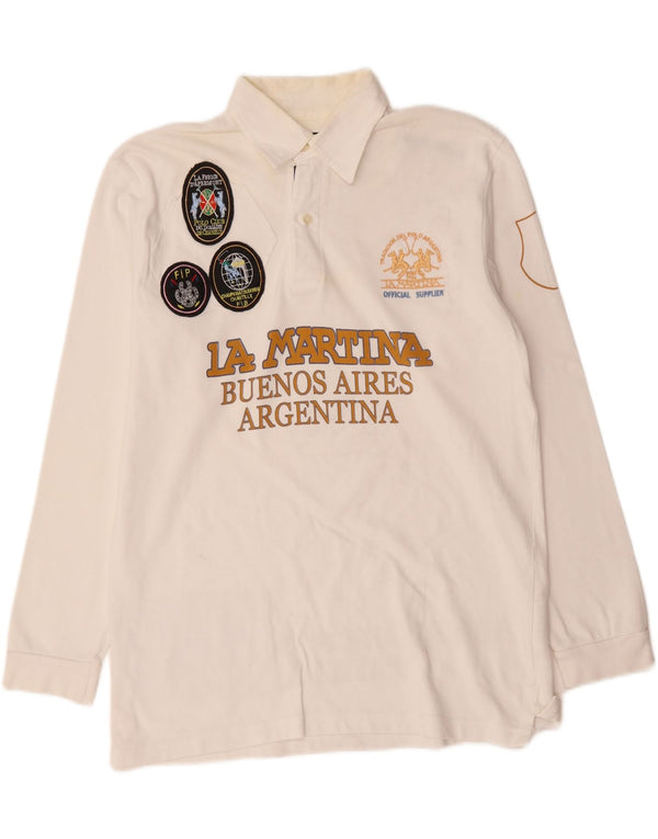 La Martina Herren Buenos Aires Grafik-Langarm-Poloshirt, Größe L, Weiß
