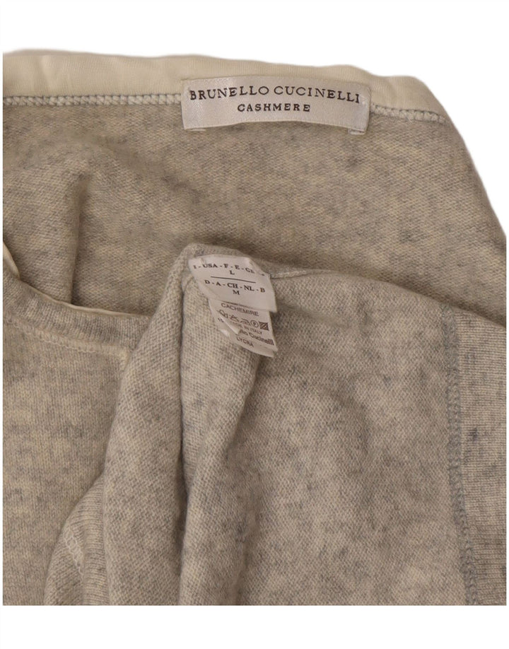 Brunello Cucinelli Damen-Pullover mit V-Ausschnitt, UK 14, Größe L, grauer Kaschmir