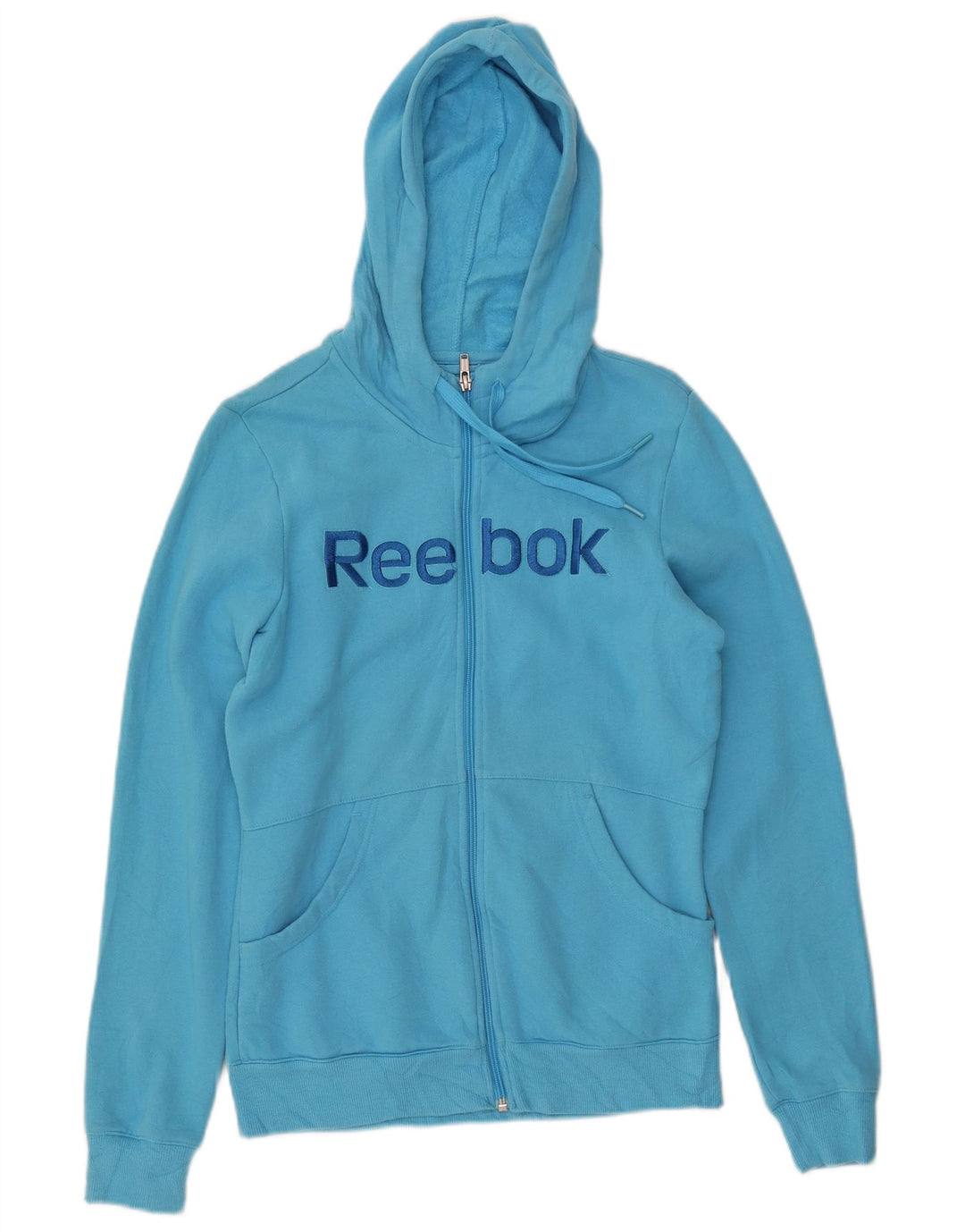 REEBOK Womens Graphic Zip Hoodie Sweater UK 14 Mittelblaue Baumwolle