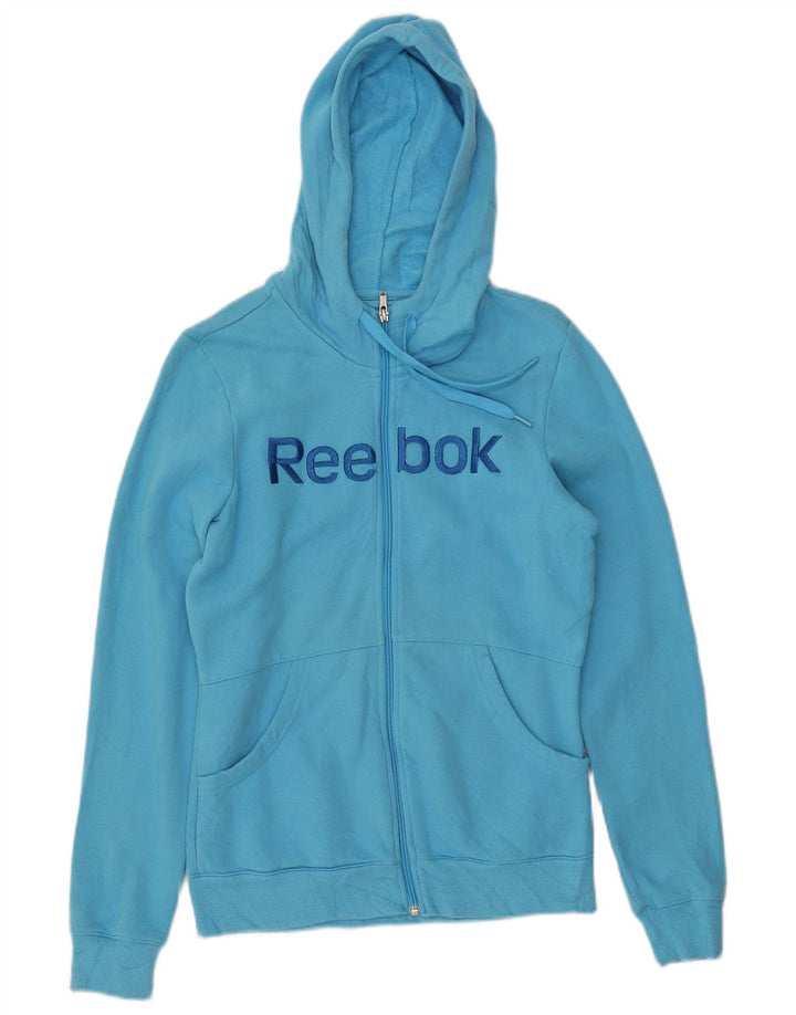 REEBOK Womens Graphic Zip Hoodie Sweater UK 14 Mittelblaue Baumwolle