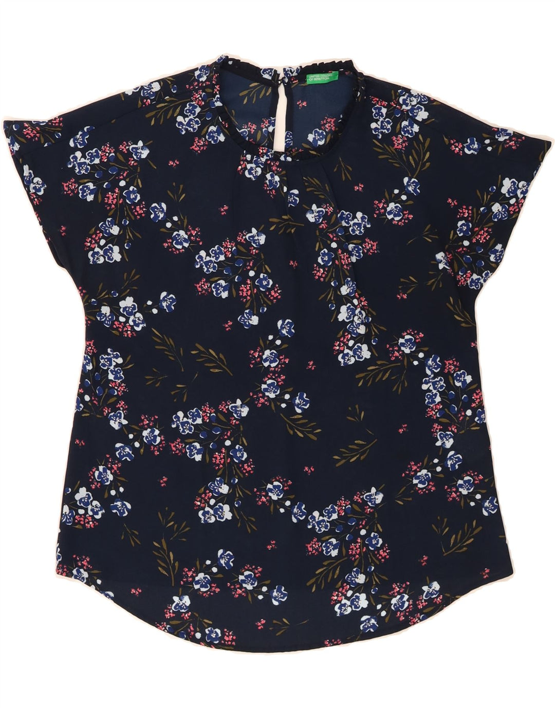 BENETTON Womens Blouse Top UK 14 Medium Navy Blue Floral Polyester Vintage Benetton and Second-Hand Benetton from Messina Hembry 