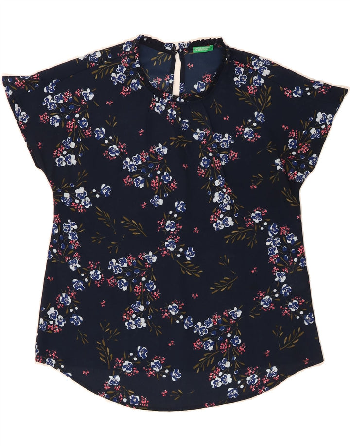 BENETTON Womens Blouse Top UK 14 Medium Navy Blue Floral Polyester Vintage Benetton and Second-Hand Benetton from Messina Hembry 