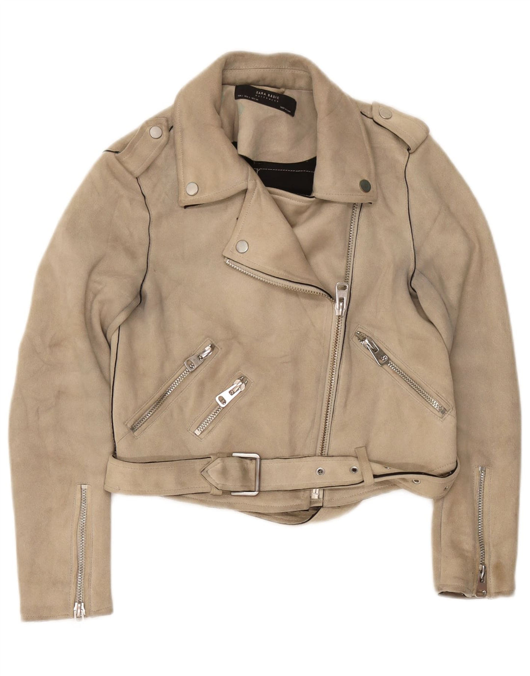 Zara Damen Crop Bikerjacke UK 10 Small Beige Polyester