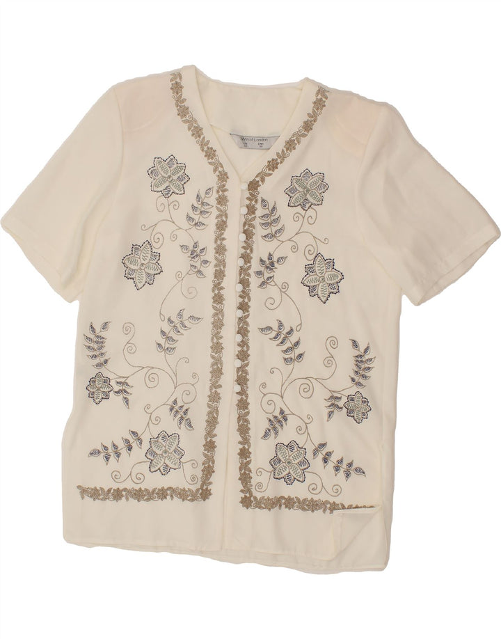 VINTAGE Womens Short Sleeve Shirt Blouse UK 12 Medium Off White Polyester Vintage Vintage and Second-Hand Vintage from Messina Hembry 