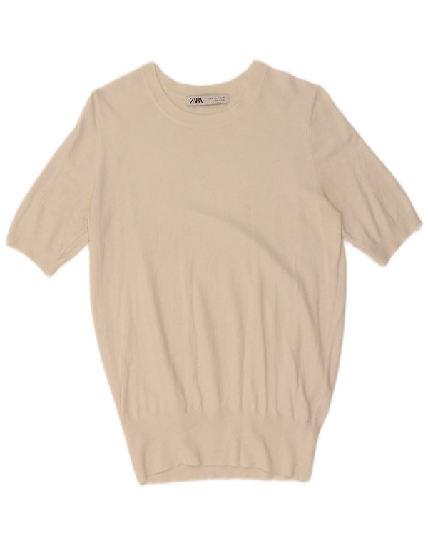 Kurzärmliger Damen-Pullover mit U-Boot-Ausschnitt von Zara, Gr. 12, Mittelweiß