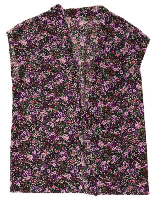 Vintage Damen Ärmelloses Cardigan Top UK 16 Großes Mehrfarbiges Blumenmuster