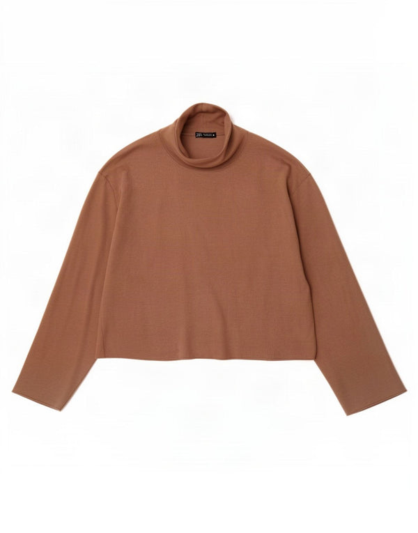 Zara Damen Crop Top Langarm UK 16 Mittelbeige Baumwolle