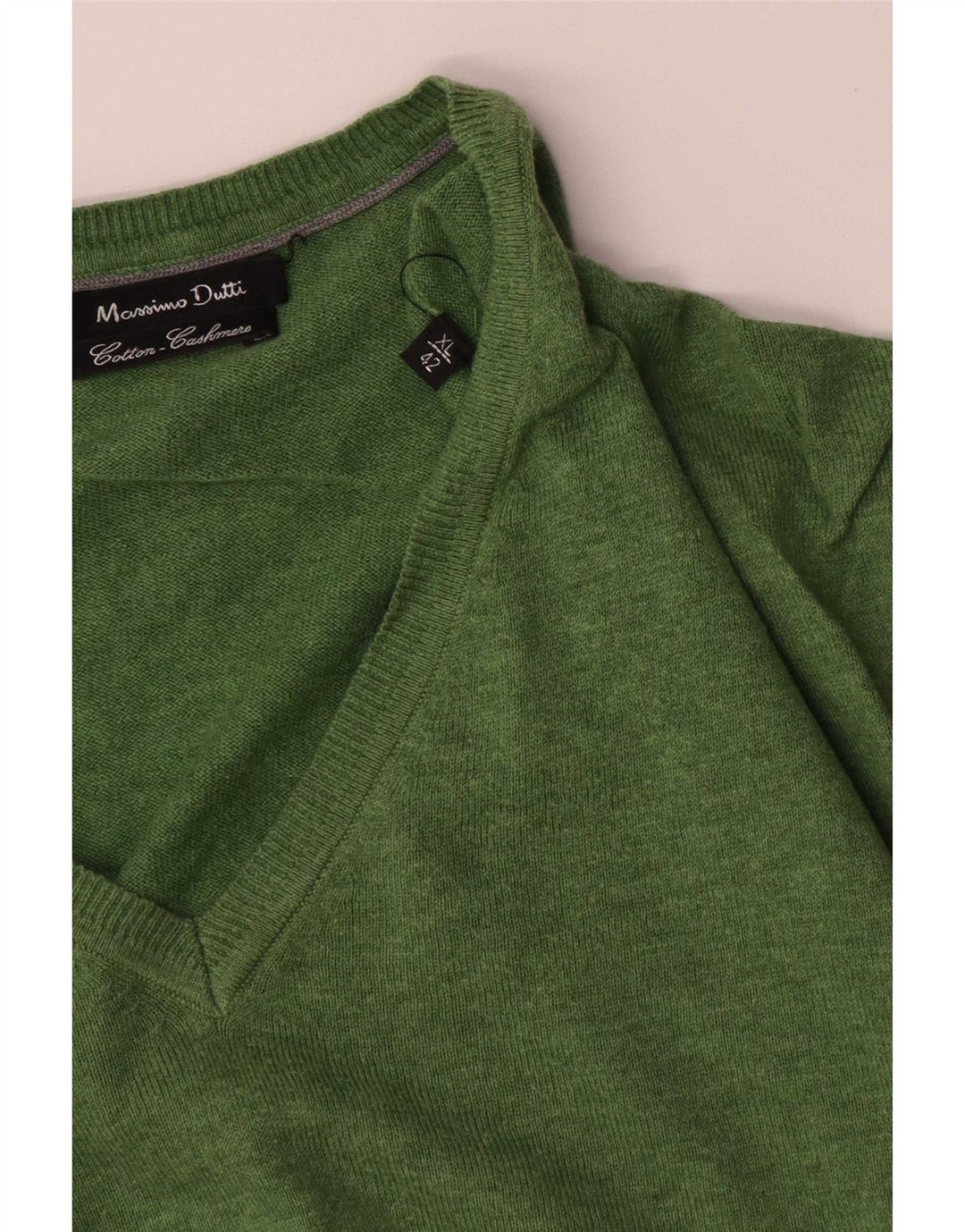 Massimo Dutti Herren-Pullover mit V-Ausschnitt, XL, grüne Baumwolle