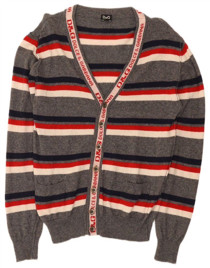 Dolce & Gabbana Grafischer Herren-Cardigan aus mittelgrauer, gestreifter Wolle