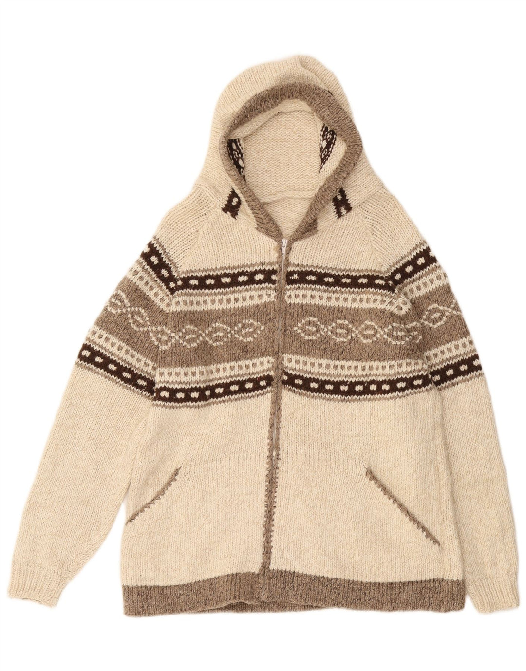 VINTAGE Herren-Strickjacke mit Kapuze, mittelgroß, gebrochenes Weiß, Fair Isle