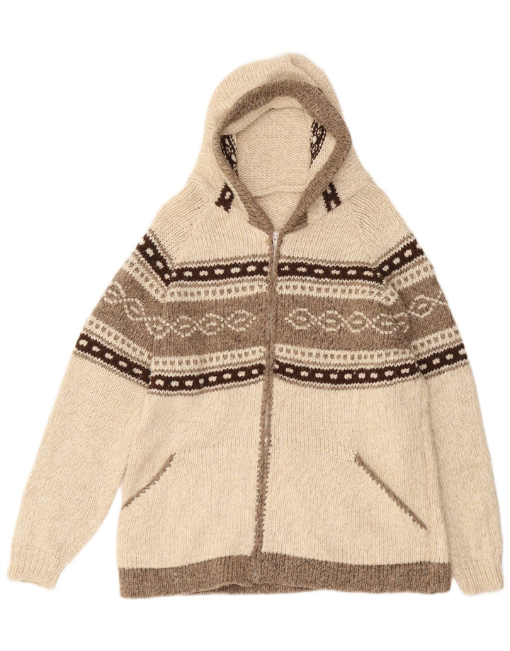 VINTAGE Herren-Strickjacke mit Kapuze, mittelgroß, gebrochenes Weiß, Fair Isle