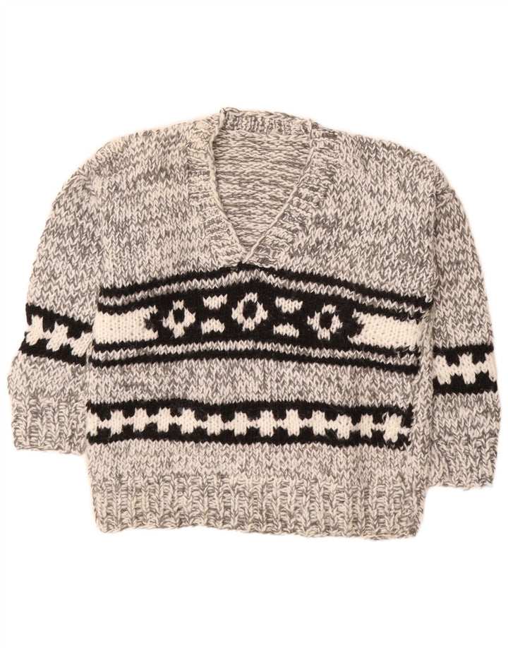 Vintage Herren V-Ausschnitt Pullover Pullover Mittelgrau Fair Isle