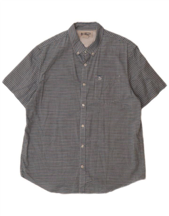 PENGUIN Herren-Kurzarmhemd, groß, blaue Nadelstreifen-Baumwolle