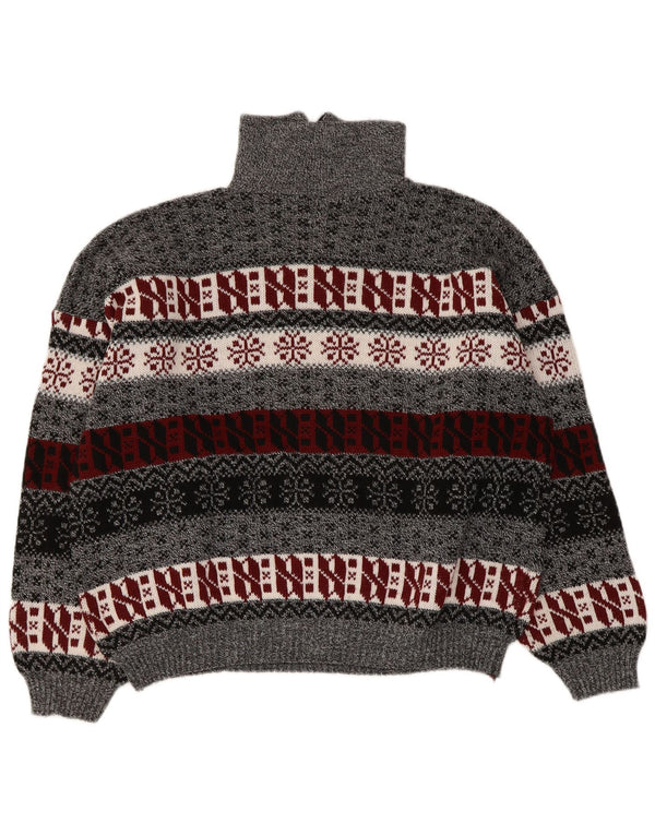 Vintage Damen Pullover mit Reißverschluss, UK 14, Mittelgrau, Fair Isle