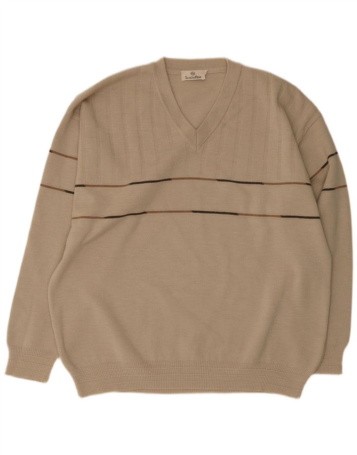 Vintage Herren Pullover mit V-Ausschnitt IT 50 Medium Beige gestreift Polyacryl