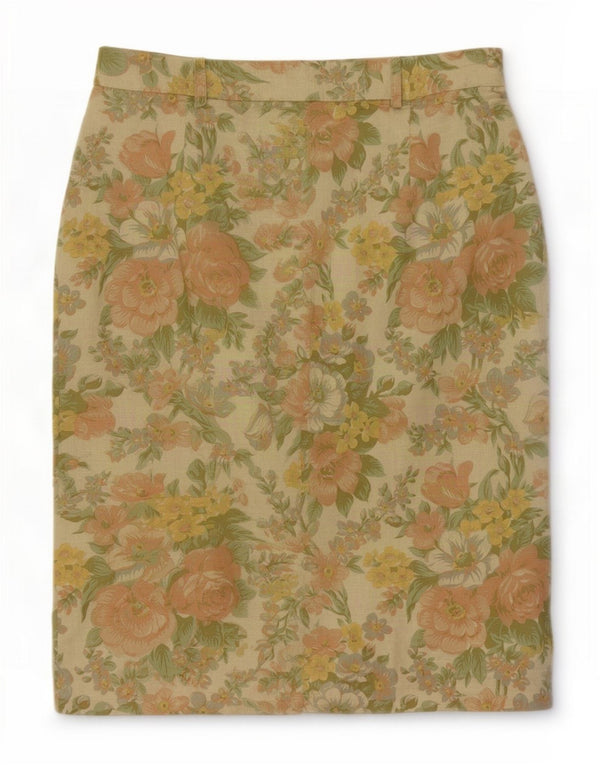 Vintage Damen Gerader Rock EU 42 Groß W30 Mehrfarbiges Blumenleinen