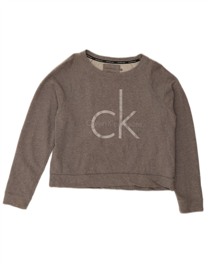 CALVIN KLEIN JEANS Womens Crop Graphic Sweatshirt Jumper UK 14 Medium Grey