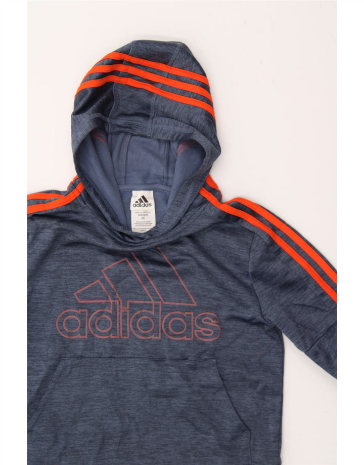 ADIDAS Boys Graphic Hoodie Jumper 7-8 Years Small Navy Blue Polyester Vintage Adidas and Second-Hand Adidas from Messina Hembry 