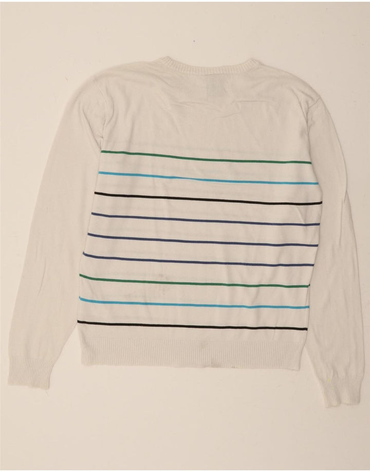 ADIDAS Mens Crew Neck Jumper Sweater Large White Striped Cotton Vintage Adidas and Second-Hand Adidas from Messina Hembry 