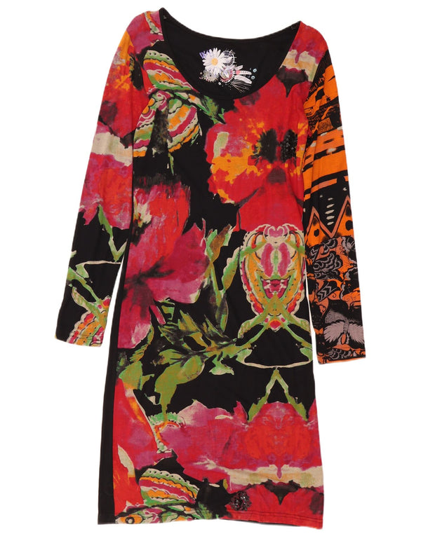 Desigual Damen Langarm-Etuikleid UK 14 Große schwarze Viskose mit Blumenmuster