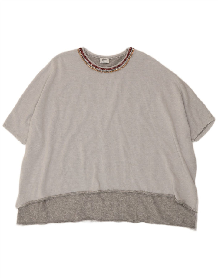 Zara Damen Trafaluc Übergroßes T-Shirt-Oberteil UK 14 Mittelgraues Polyester