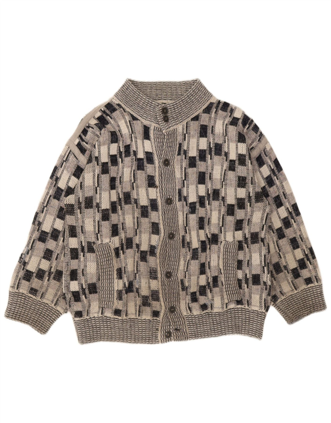 Vintage Herren-Cardigan-Pullover, groß, grau kariert
