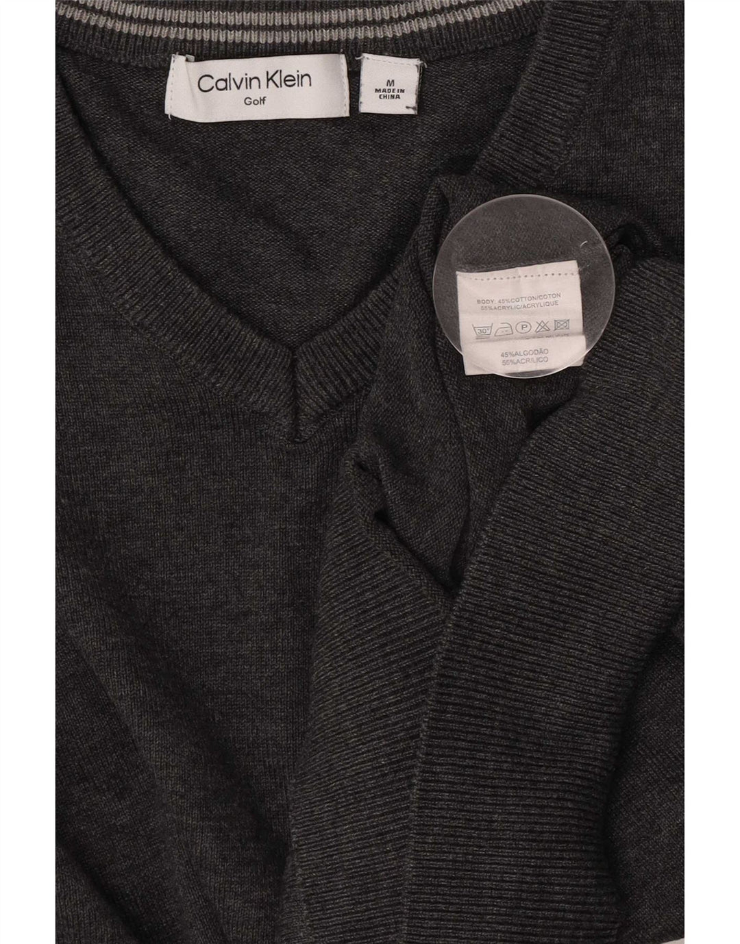 Calvin Klein Herren-Pullover mit V-Ausschnitt aus mittelgrau gefleckter Baumwolle
