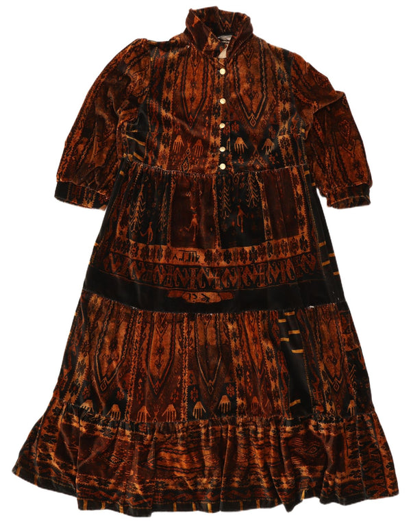 Vintage Damen 3/4 Ärmel Stufenkleid UK 12 Mittelbraun Azteken