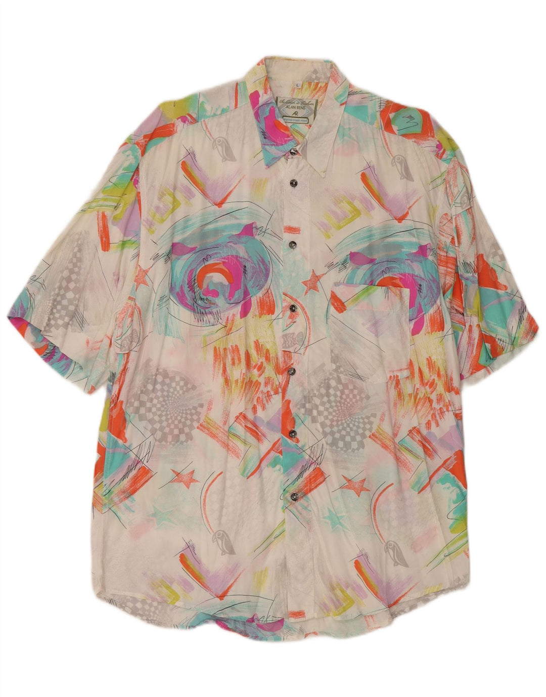 Vintage Herren Kurzarmhemd, groß, mehrfarbig, geometrisch, Viskose