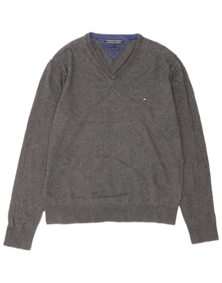 Tommy Hilfiger Herren-Pullover mit V-Ausschnitt, groß, graue Baumwolle