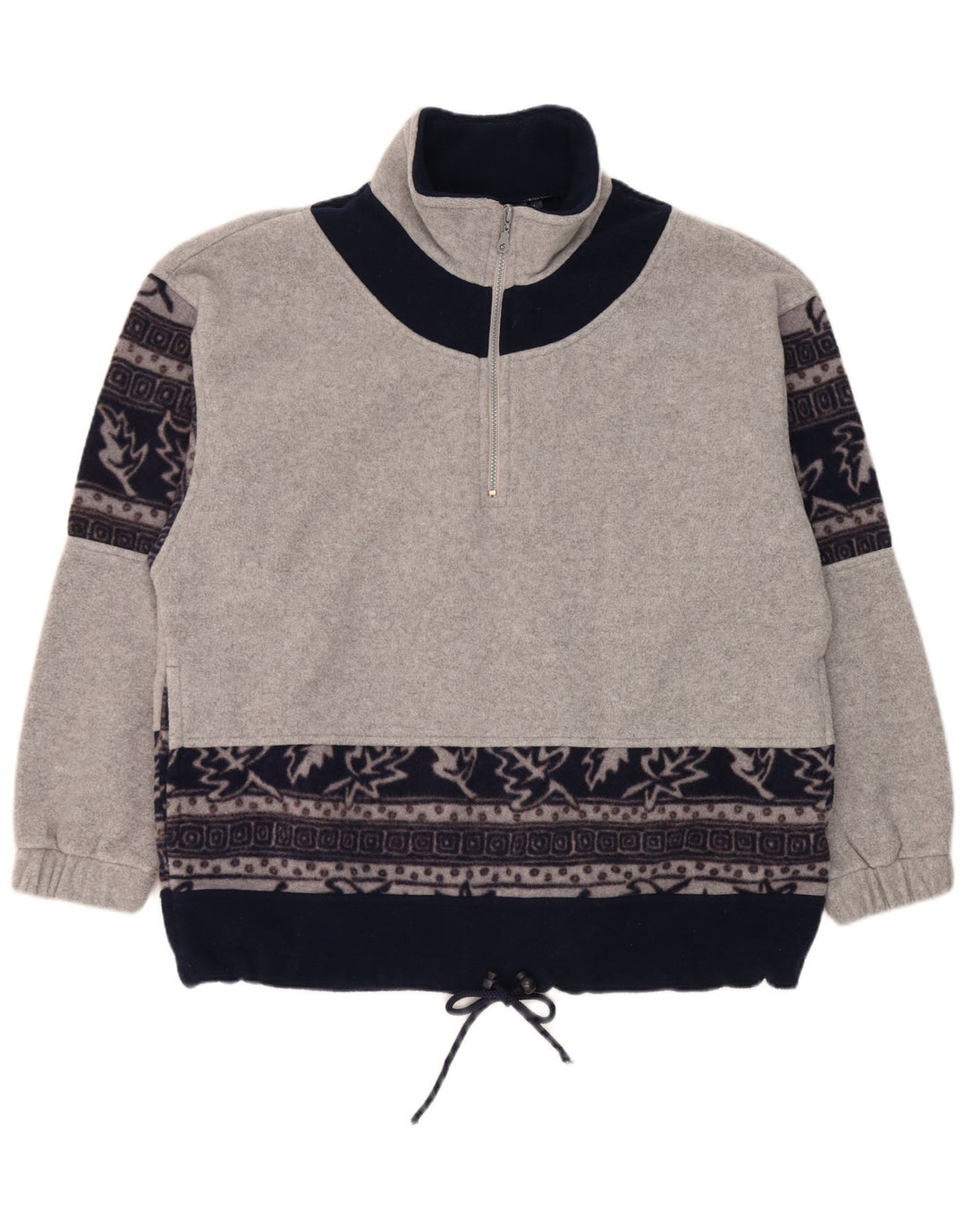 Vintage Herren-Fleecepullover mit Reißverschluss am Hals, großes graues, geblümtes Polyester