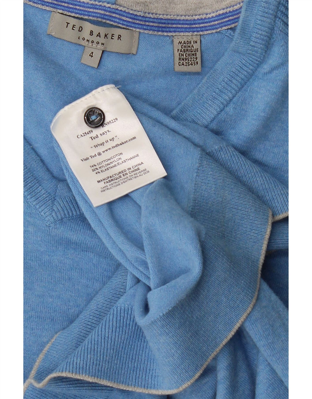 TED BAKER Herren-Pullover mit V-Ausschnitt, Größe 4, groß, blau gefleckte Baumwolle