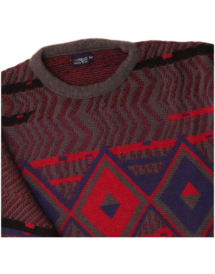 CASTELLO Herren-Pullover mit Rundhalsausschnitt, IT 52, große rote Wolle mit Argyle-/Diamantmuster