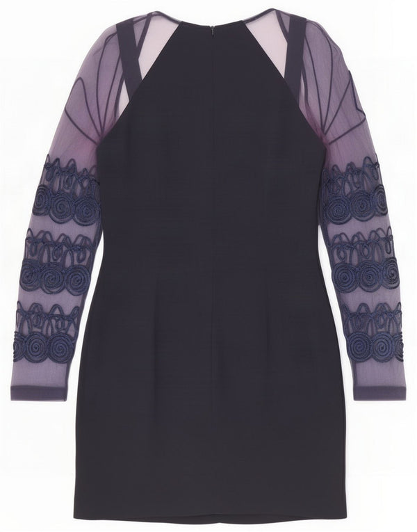 Vintage Damen Langarm-Etuikleid UK 14 Medium Navy Blue Floral