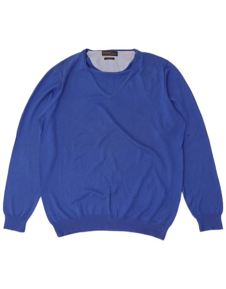 Zara Herren-Pullover mit V-Ausschnitt, XL, blaue Baumwolle