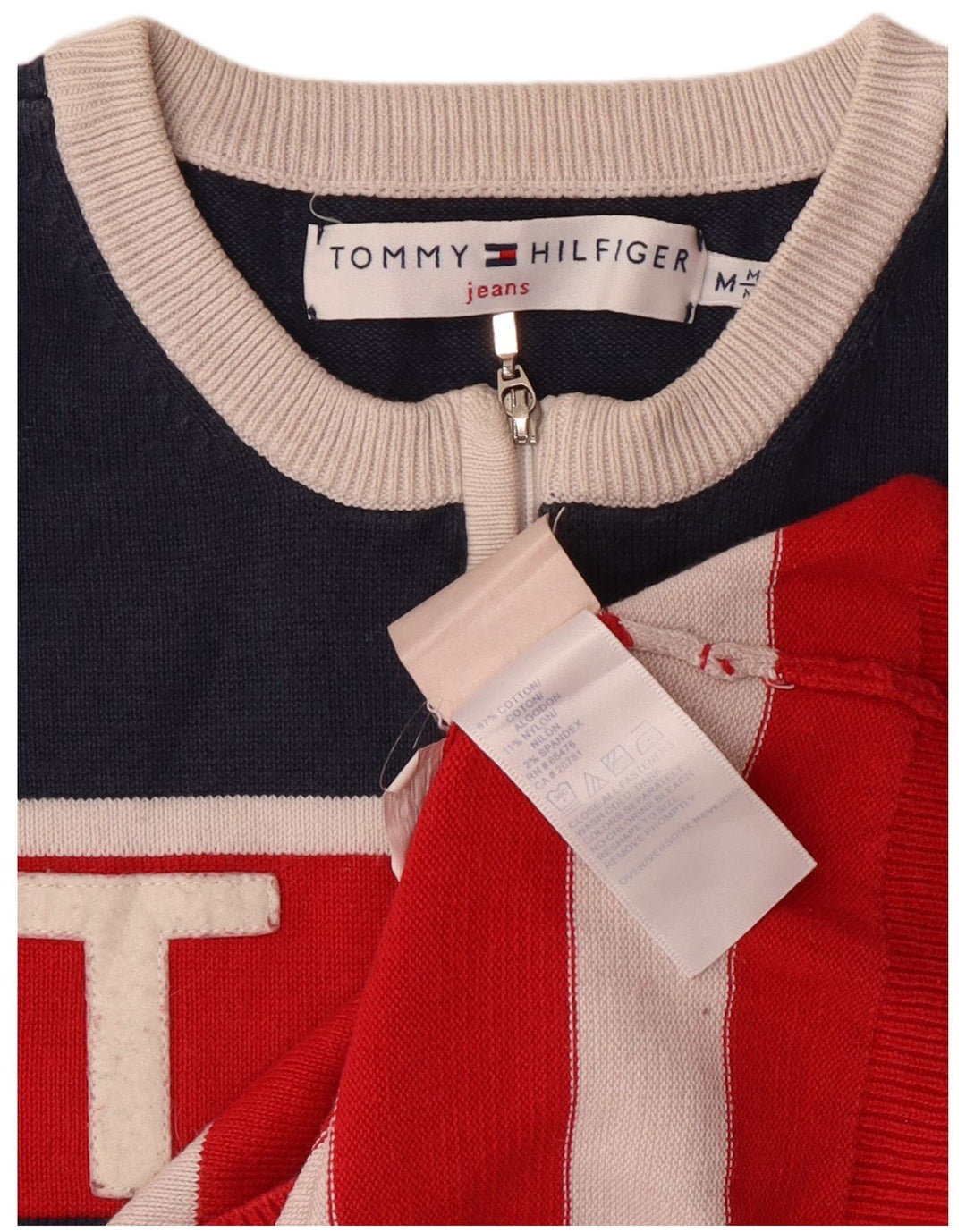 TOMMY HILFIGER Damen Pullover mit Reißverschluss am Hals UK 12 Mittelrot gestreift