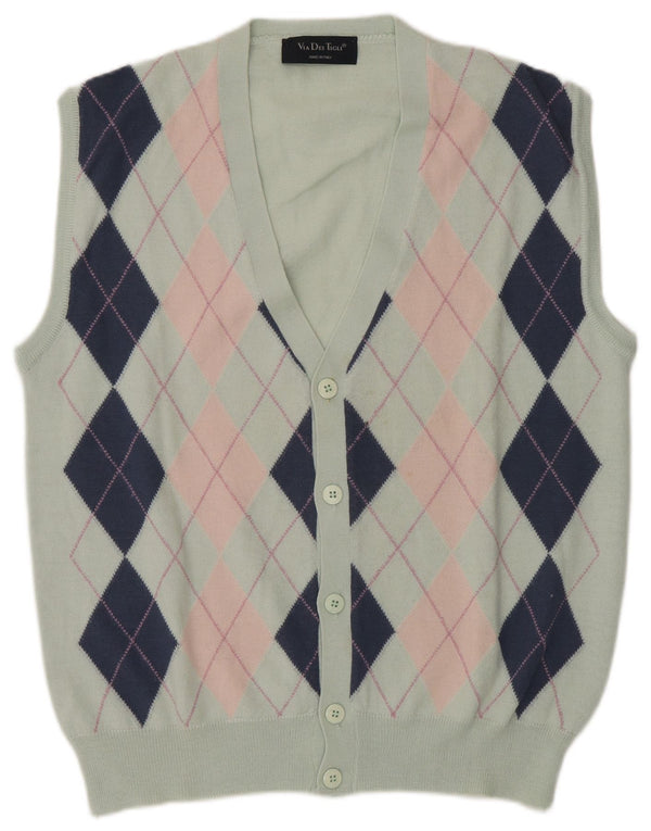 Vintage Herren Ärmelloser Cardigan Pullover IT 54 XL Grüne Argyle/Diamantwolle