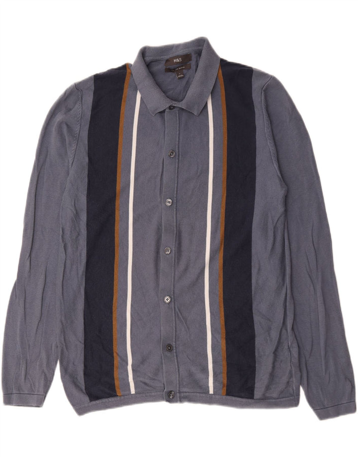 Marks & Spencer Herren-Strickjacke, groß, marineblau, gestreift, Baumwolle