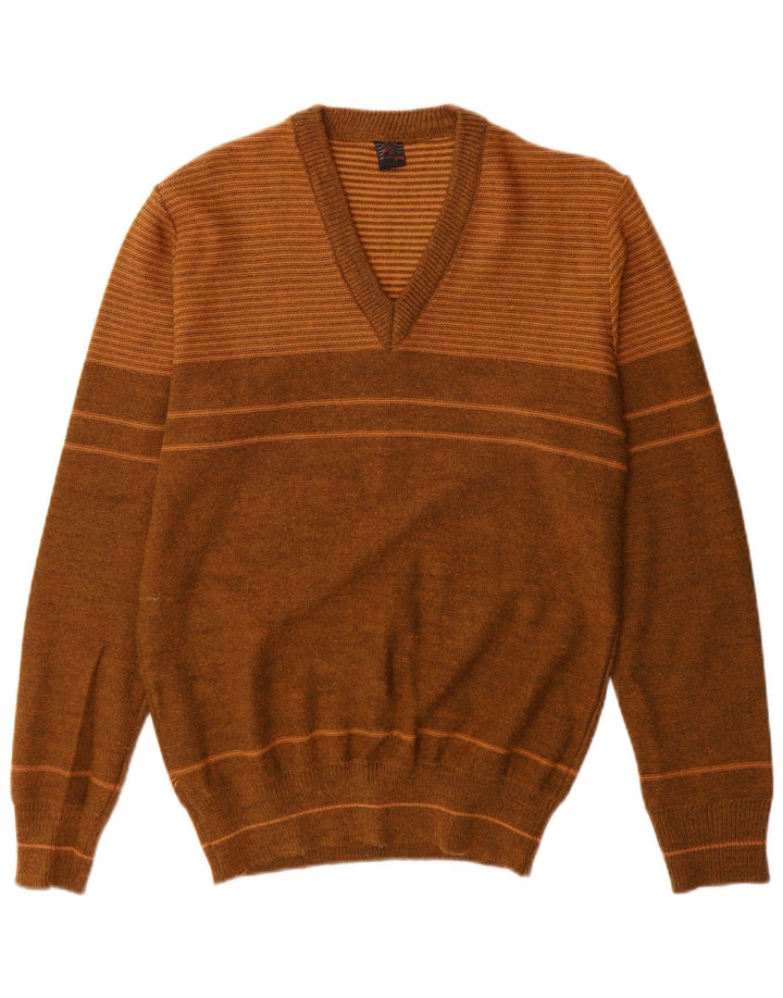 Vintage Herren V-Ausschnitt Pullover Pullover mittelbraun gestreift aus Acryl