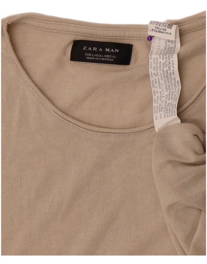 Zara Herren T-Shirt Top Large Beige Baumwolle