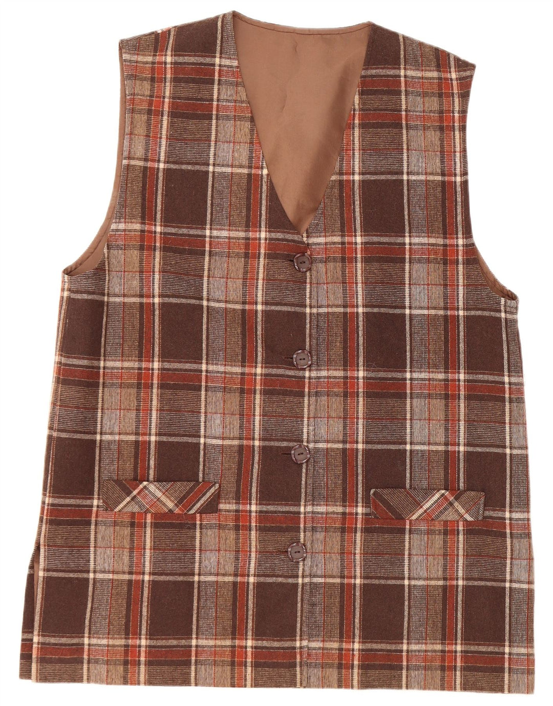 VINTAGE Damen-Blazer mit 4 Knöpfen, ärmellos, Gr. 16, groß, braun kariert