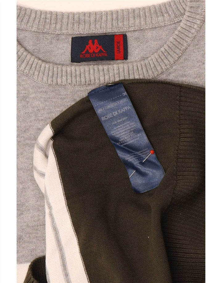 Kappa Herren-Pullover mit U-Boot-Ausschnitt, groß, grau gestreift, Baumwolle