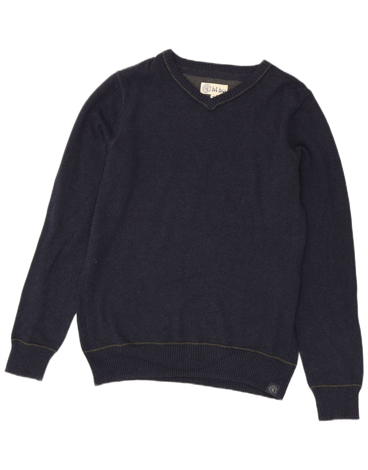 Fat Face Herren-Pullover mit V-Ausschnitt aus mittelblauer Baumwolle