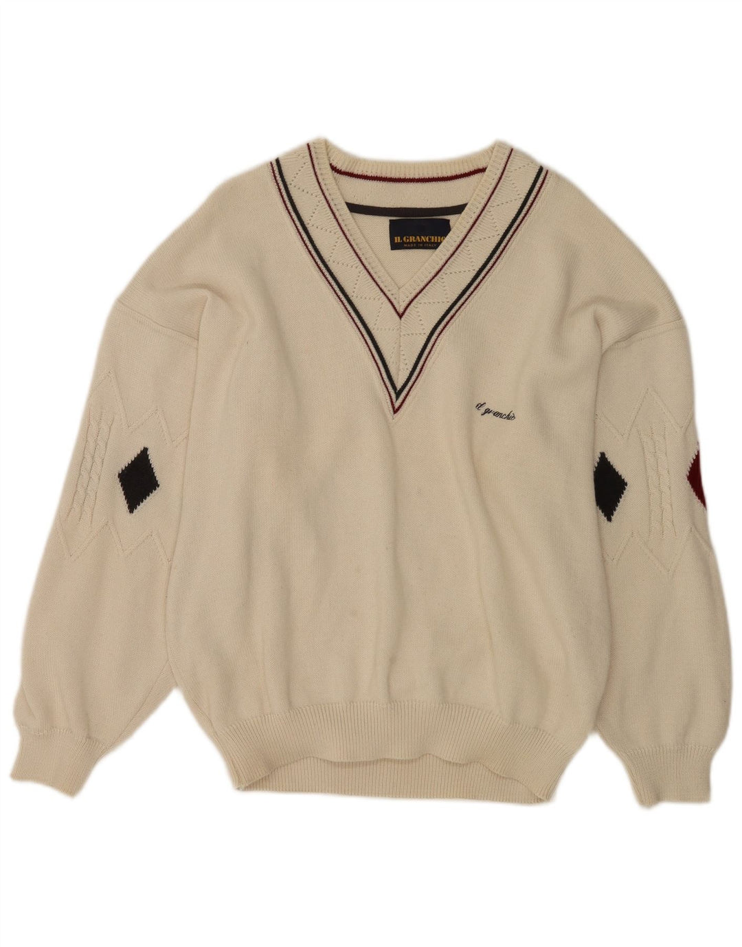 Il Granchio Herren-Pullover mit V-Ausschnitt, Größe L, Weiß, Argyle/Diamantmuster