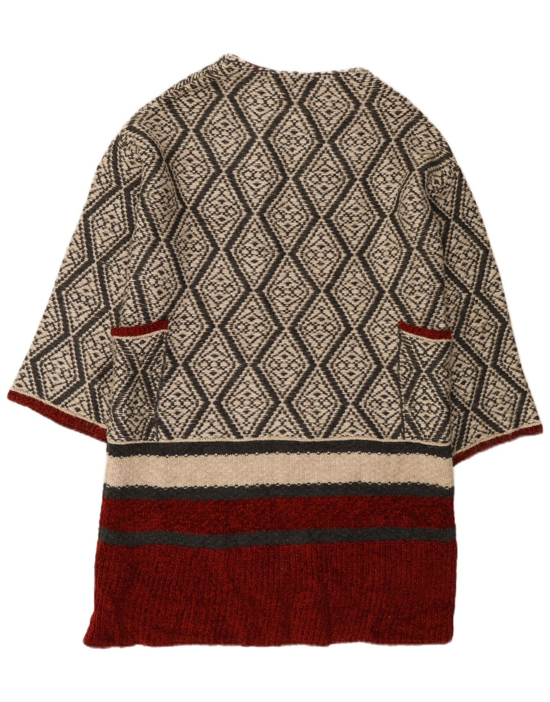 Zara Damen Longline Open Cardigan Pullover UK 14 Medium Beige Geometrisch